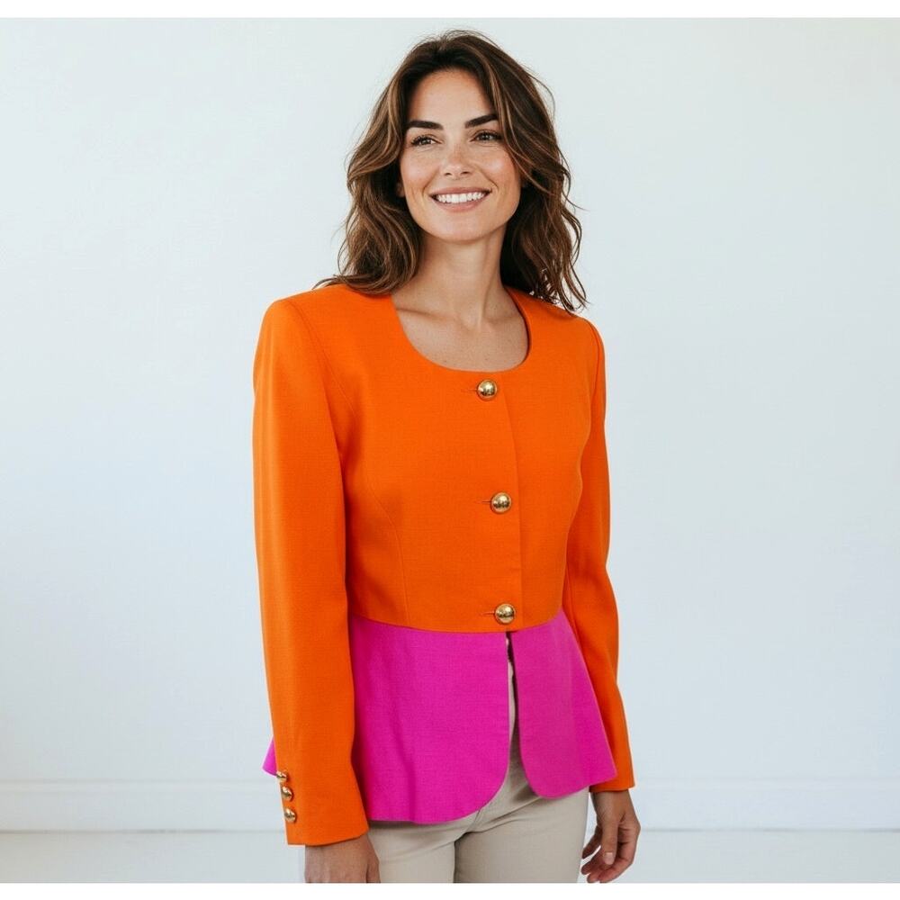 Vintage Renlyn New York Blazer Sz 6 Orange Pink Colorblock Gold Buttons USA
